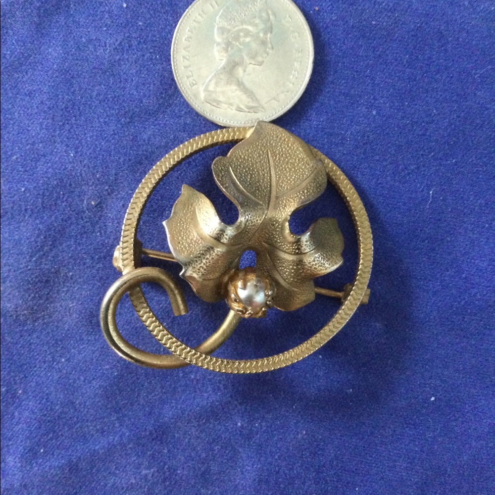 Circle pin with leaf and pearl